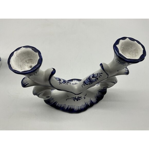 Blue and White Porcelain Double Candlestick, Set of 2, Made in Portugal w/Tapers - Picture 16 of 16
